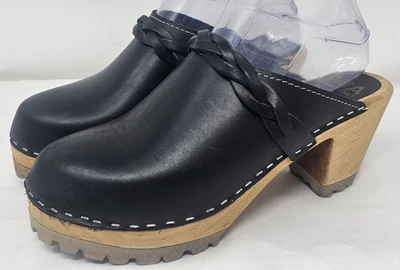 Mia Sweden Elsa Braided Leather Clog Mule Chunky 3" Heel Black Women EUR 38 US 8 - Image 1 of 4