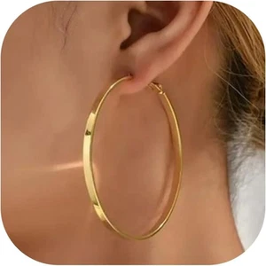 5Mm Wide Gold Hoop Earrings 14K Gold Plated Large Big Flat Hoops for Women Light - Picture 1 of 12