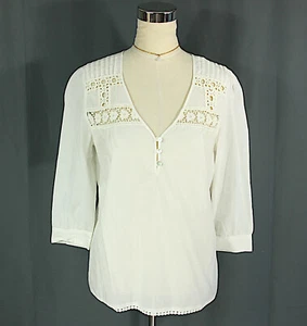 American Rag Cie Floral Crochet Trim V Neck Half Sleeve Cotton Top Tunic Boho M - Picture 1 of 8