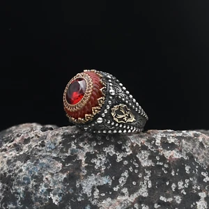 Red Garnet with Amber Gemstone Turkish Handmade Men's 925 Sterling silver - Picture 1 of 6