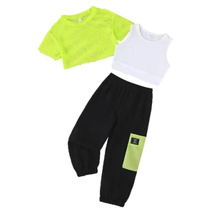 Girls Hip Hop Dance Crop Tops + Hollow Out Shirt + Pants Set Workout Tracksuit - Picture 1 of 18