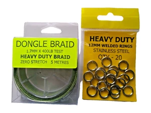 SEA FISHING DONGLE BRAID - 5 Metres 400lb - 1.7mm Dia. & 12mm RINGS x 20 - Picture 1 of 1