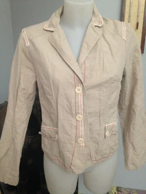 JACQUELINE RIU veste femme lin coton beige blanc manche longue doublée Taille 42 - Photo 1/4