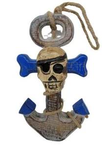 Wood Pirate Skull Anchor Nautical Beach Home Tiki Bar 7" Wall Decor or Christmas - Picture 1 of 1