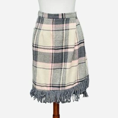 Saia xadrez feminina Cynthia S cinza e rosa franja envoltório falso nova com etiquetas - Imagem 1 de 4