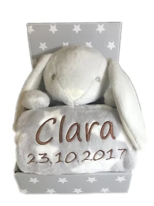 Kinder Baby Set mit Name & Geburtsdatum bestickt **Grau/Weiss - HASE** - Picture 1 of 3