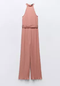 NWT ZARA Pink Jumpsuit Pleated Halter Neck Waistband Wide Leg Trousers Medium - Picture 1 of 8