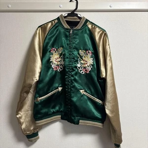 Rare Sukajan FREE Size Green Gold Japan Map Embroidered Satin Souvenir Jacket - Picture 1 of 2