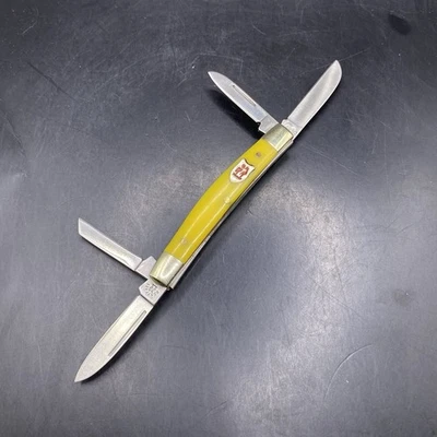 Navaja de Bolsillo Vintage Rostfree Kissing Crane R Klaas #30 4 Hojas Amarilla Alemania Foto 1 de 4