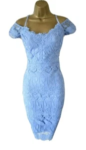 Lipsy Cornflower Blue Bodycon Dress 12 Lace Cold Shoulder Party Wedding Occasion - Picture 1 of 19