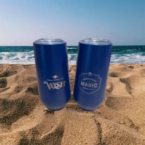 2 Disney Vacation Club Wish Magic Cruise Toasting Cups Tumblers Metal Sipee Lid - Picture 1 of 3