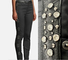 AO LA  Alice + Olivia Studded Hi Rise Jeans Leather Trim Cosmos Black Jeweled 27
