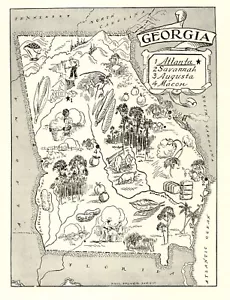 1950s Animated GEORGIA State Map Vintage Georgia Picture Map BW 391 - Picture 1 of 3