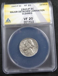 1943-P 5c Mint Error ANACS VF20 Details. Major Detached Lamination. (1024081) - Picture 1 of 4