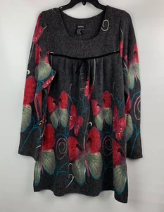 AFIVA Dress Charcoal Multi Butterfly Floral Pullover Round Neck Long Sleeve XL - Picture 1 of 6