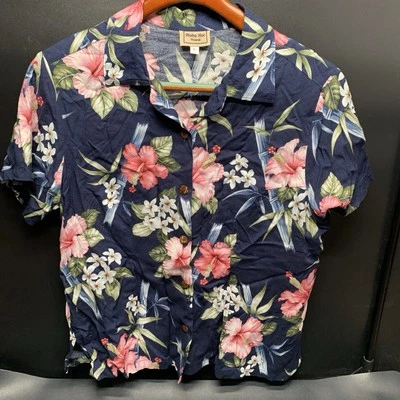 Blusa Camisa Hawaiana Vintage Aloha Hut Talla L Para Mujer Azul Rayón Floral. F4 Foto 1 de 4