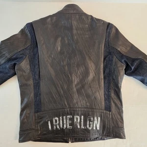 Vintage True Religion Leather Jacket Mens Extra Large Black Cowhide Denim Trim - Picture 1 of 21