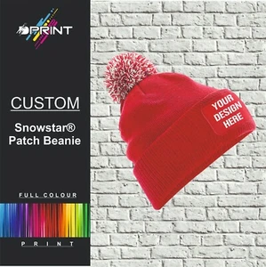 Custom Printed Personalised Wooly PATCH Beanie Hat Headwear Workwear Promotion - Picture 1 of 11