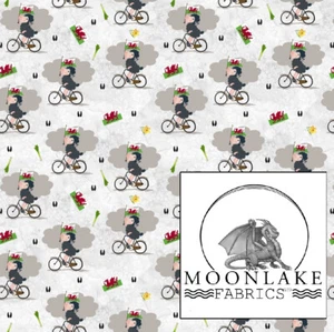 Welsh sheep waving his Welsh flag while on a bicycle, Fabric 100% Cotton 130gsm - Picture 1 of 6