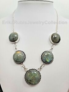 Natural Blue Gold Fire Labradorite Large Gems Sterling Silver 925 Necklace 19 in