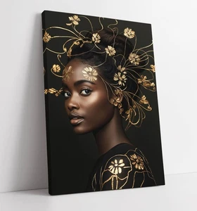 PORTRAIT OF WOMAN WITH GOLD LEAVES -DEEP FRAMED CANVAS WALL ART PRINT - Picture 1 of 2