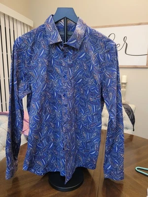 ¡NUEVO! Camisa Paisley Y Gris M/16 Calce Ajustado Botón Manga Larga Azul Estampado Pluma  Foto 1 de 4