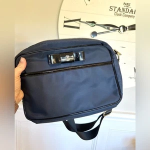 Karl Lagerfeld Paris Penny Navy Nylon Crossbody Bag Patent Bow Gold Zipper Purse - Picture 1 of 10