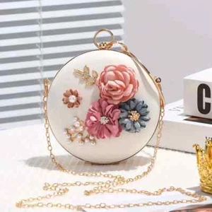 3D Flower Décor Round Evening Bag, Elegant Top Ring Clutch Purse - Picture 1 of 4