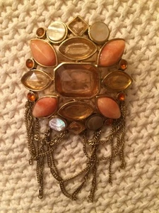 Gold Tone Tasseled Vintage Brooch with Faceted Rhinestones - Marked "KC" - Picture 1 of 3