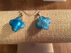 Art Glass Blue Flower Dangle Earrings 1 1/4” - Picture 1 of 3