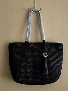 RALPH LAUREN Straw Whitney Tote Bag Black Size L - Picture 1 of 8