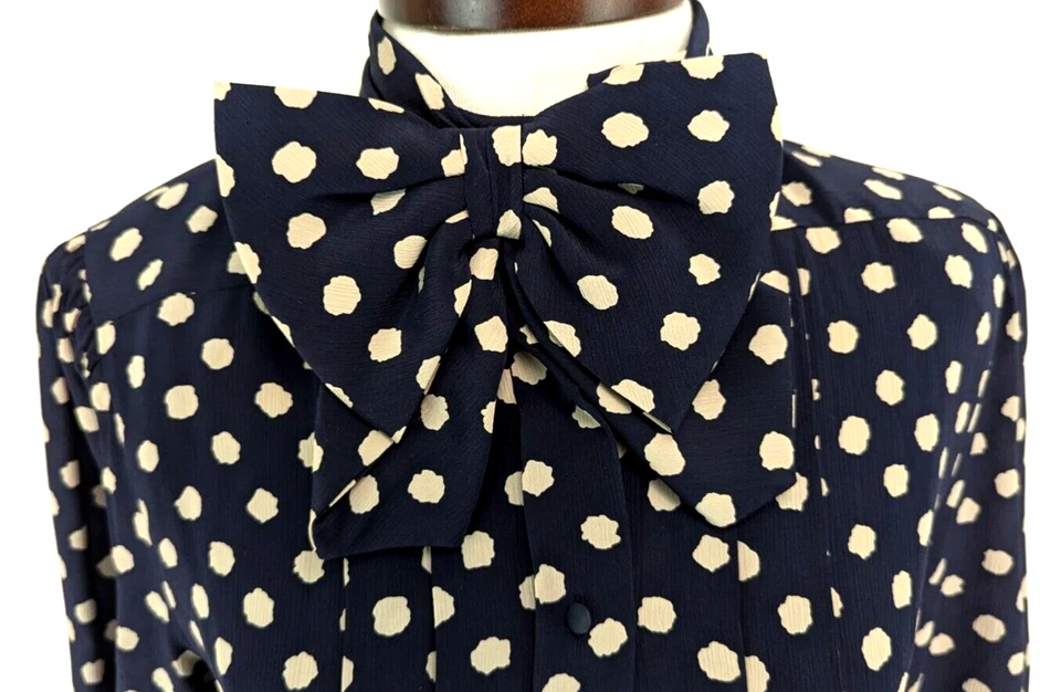 Vtg NINA RICCI Paris Size 6 Silk Top Blouse Bow Navy Polka Dot HONG KONG ~ VEUC* - Image 1 of 4