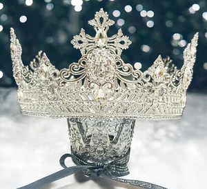 Corona Re Leone Argento, Corona Matrimonio Principe, Corona Cristallo Trasparente per Sposo - Foto 1 di 8