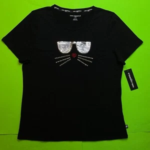 KARL LAGERFELD Women’s Short Sleeve T-Shirt LARGE Black w/Silver, Gold, Red - Picture 1 of 16