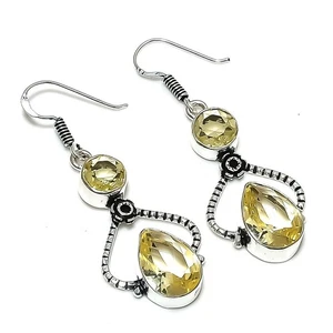 Lemon Quartz Gemstone Handmade 925 Sterling Silver Jewelry Earring Size 2.2" - Picture 1 of 1