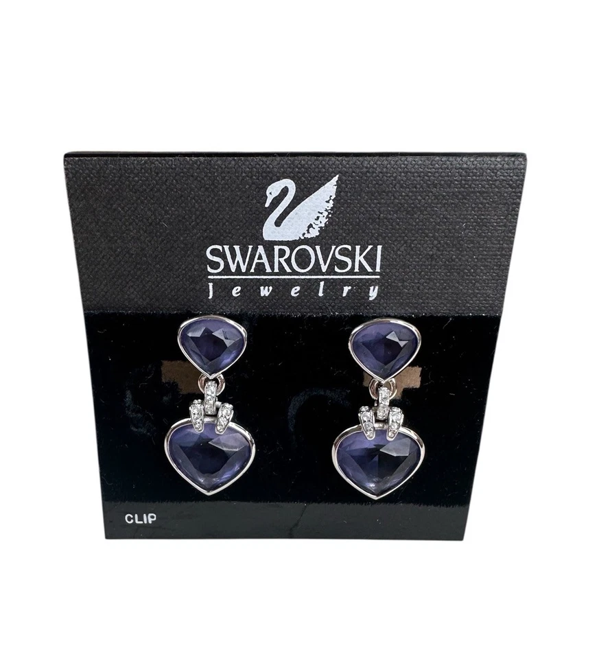 Swarovski Clip On Earrings Heart Oceanic Tanzanite Dangle Rhodium Plated - Image 1 of 4
