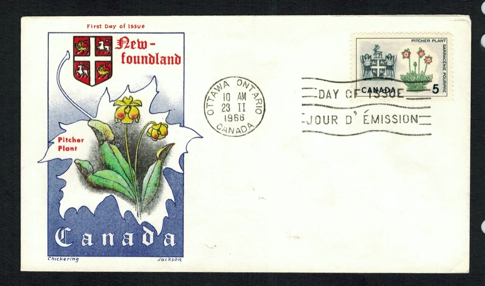 Canadá #427, 1966 5¢ Terranova emblema floral, Chickering Jackson FDC, en muy buen estado Foto 1 de 1