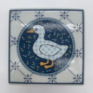 Vintage 2.75” Square Porcelain Trinket Box Goose Country Blue Design EUC - Picture 1 of 11