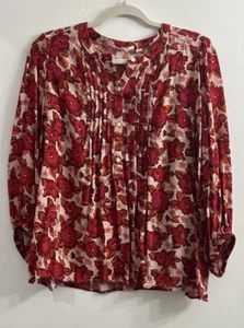 GAP Damen großes plissiertes Bauerntop mit Biesen rot rosa Blumen Ballonärmel - Bild 1 von 7