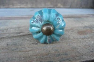 Antique Drawer Pulls Handle Aqua Blue Ceramic Flower Cabinet Knob - Picture 1 of 3