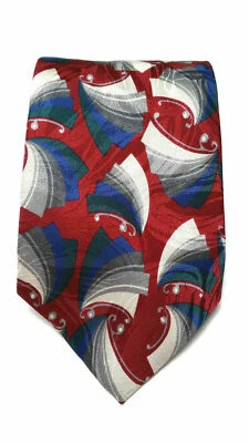 Via Veneto Men Necktie Tie 100% Silk Geometric Motif Blue Green Red White Gray - Image 1 of 4