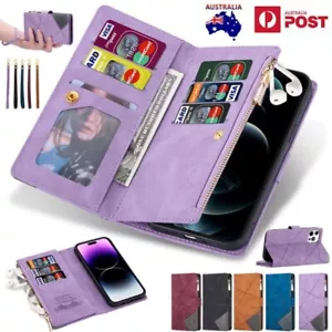 For iPhone 16 15 14 13 12 11 Pro Max Plus Leather Zipper Wallet Case Flip Cover - Picture 1 of 73