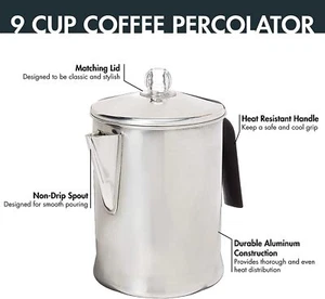 Espresso Coffee Maker Pot 9-Cup Camping Stove Top Percolator Durable Aluminum - Picture 1 of 11