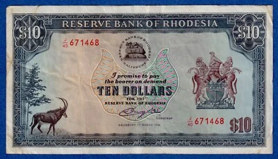 Rhodesia $10 1976  P-37a (1st March 1976) , Circulated Note J/40 671468 - Image 1 of 3