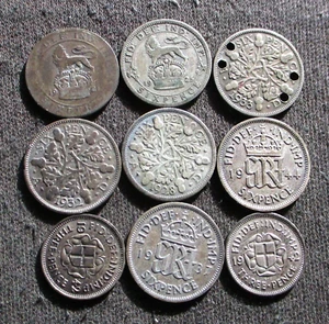 LOT OF NINE OLD SILVER THREE PENCE & SIXPENCE COINS OF UNITED KINGDOM - MIX C - Picture 1 of 2