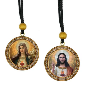 Sacri Cuori di Maria e Gesù - Icone Lamina d'Oro - Icona Reversibile Stanza Auto - Foto 1 di 3