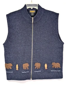 Woolrich Womens Sweater Vest XL Blue Full Zip Outdoors Bears Fish FREE SHIP - Picture 1 of 7