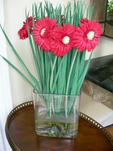 Faux Floral Arrangement Red Zinnias with Greenery in Clear Glass Rock Garden - Picture 1 of 8
