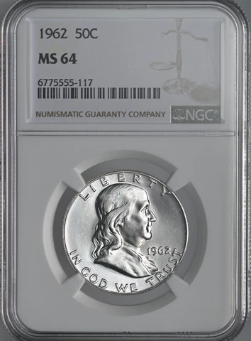 1962-P  50C FRANKLIN SILVER HALF DOLLAR NGC MS64 #6775555-117  MINT STATE Cover