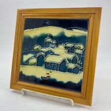 Vintage HACT Chinese Hand Painted Porcelain Snowy Winter Village Wood Frame
